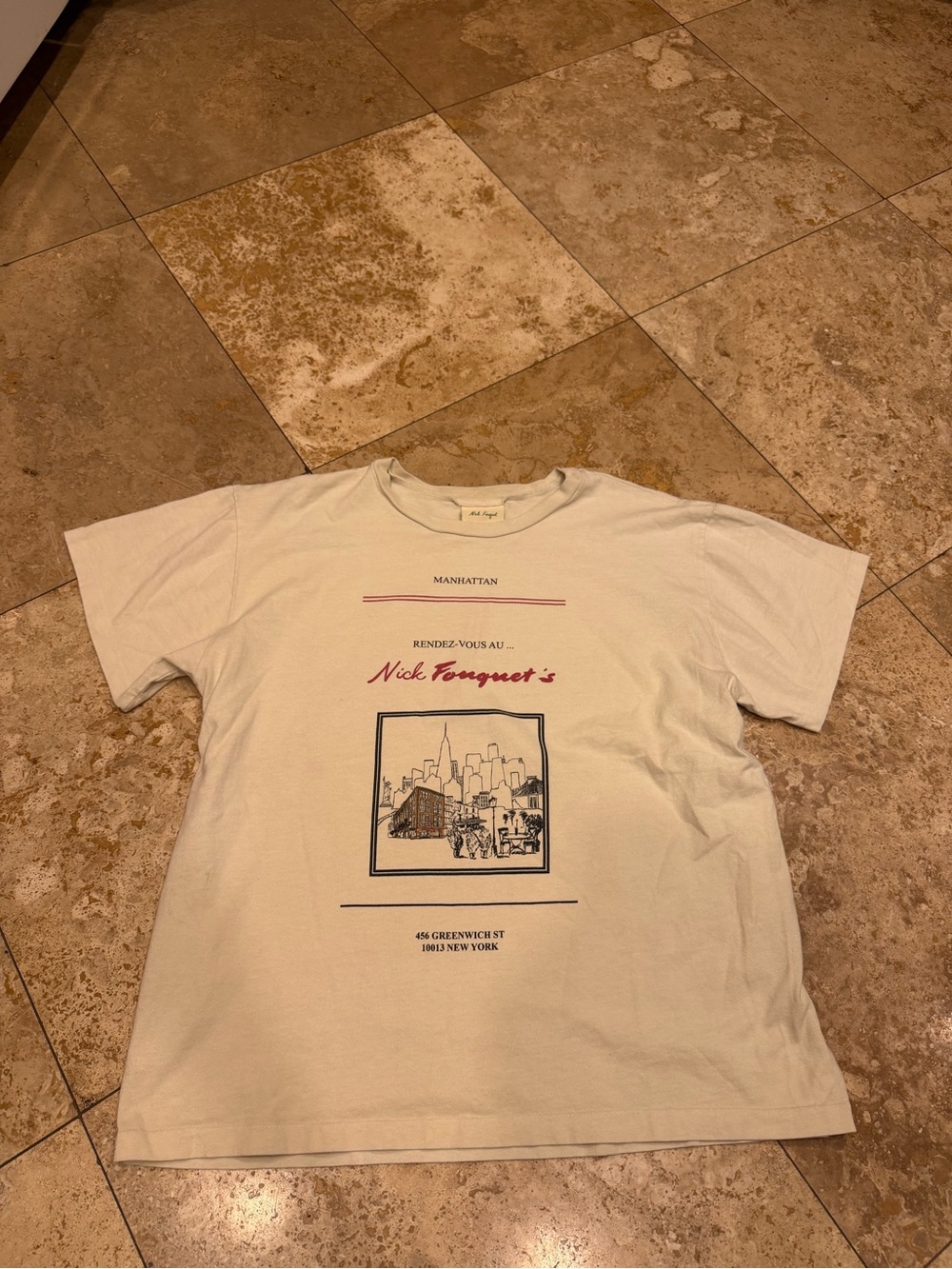 Nick Fouquet Cream Graphic Manhattan Tee with Red and Navy Accents